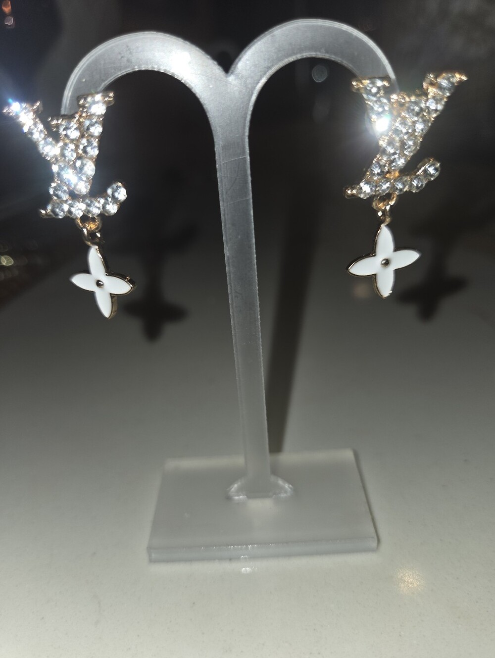 Gold-Tone Crystal Flower Drop Earrings in White NWT